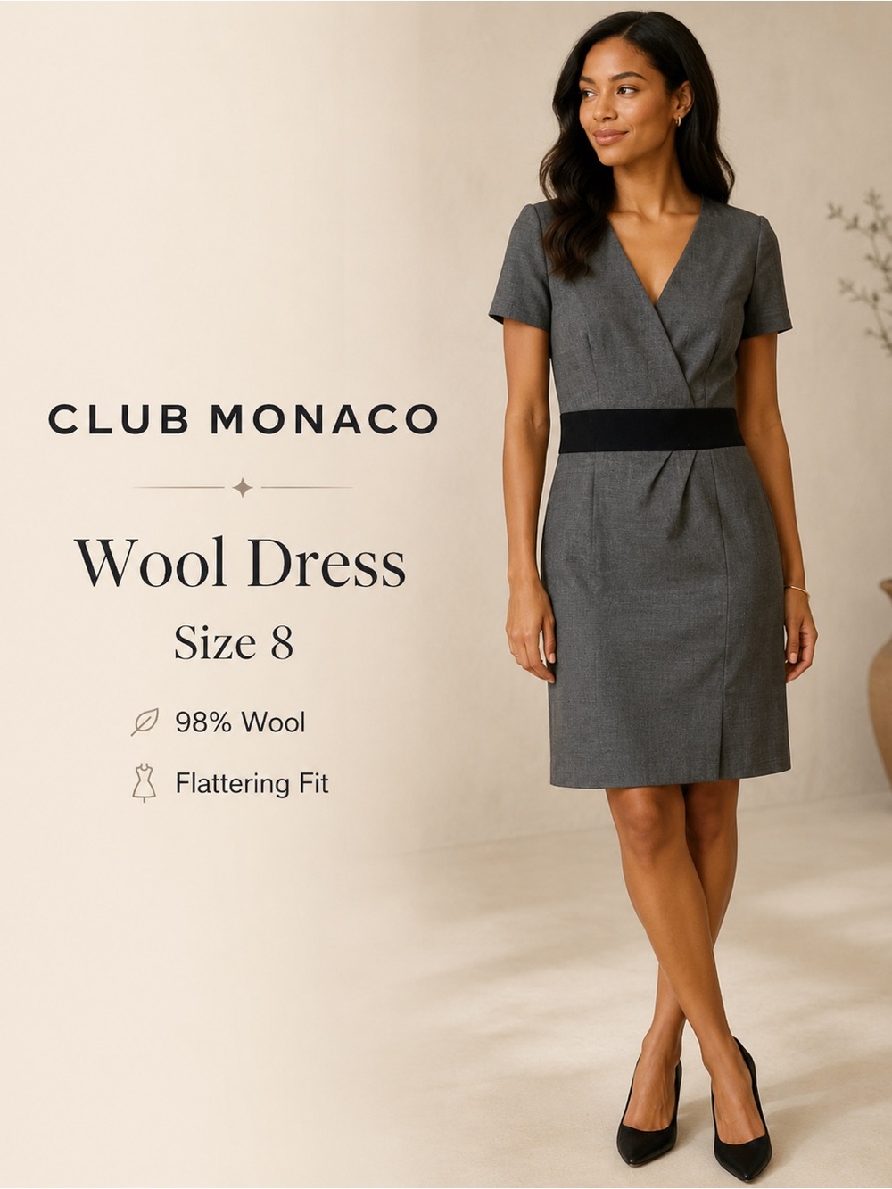 Club Monaco Gray Wool Blend Wrap Sheath Dress Size 8‎